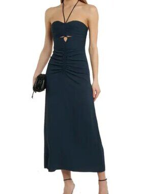 strapless open back dress COS Pleated Knitted Maxi Dress Navy – The Dress Nook